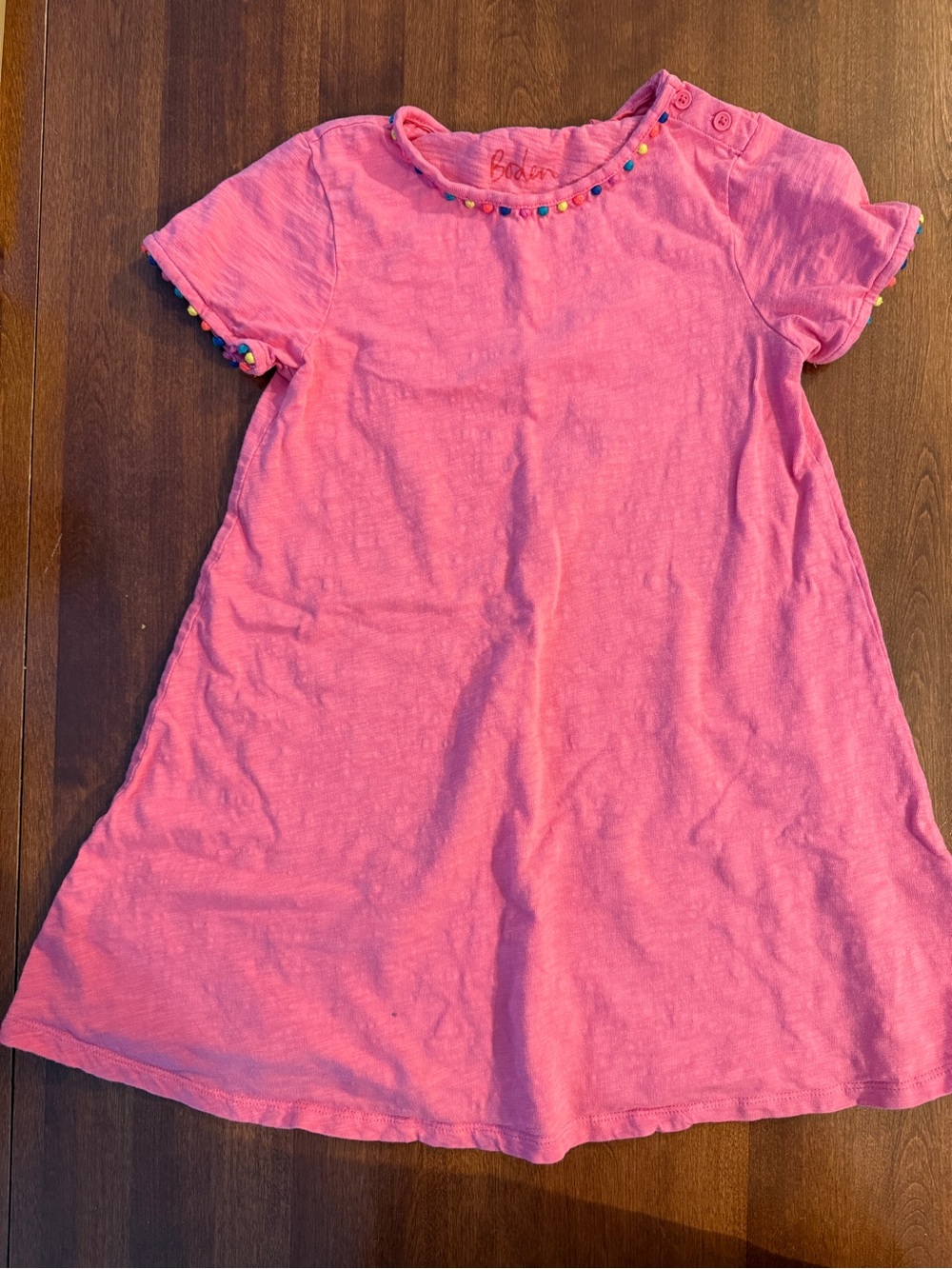 Boden Girls' Pink Cotton Dress with Pom Trim